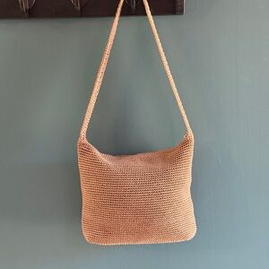 The Sak Tan Crochet Hobo Shoulder Bag | Woven Neutral Purse with Zip Pocket